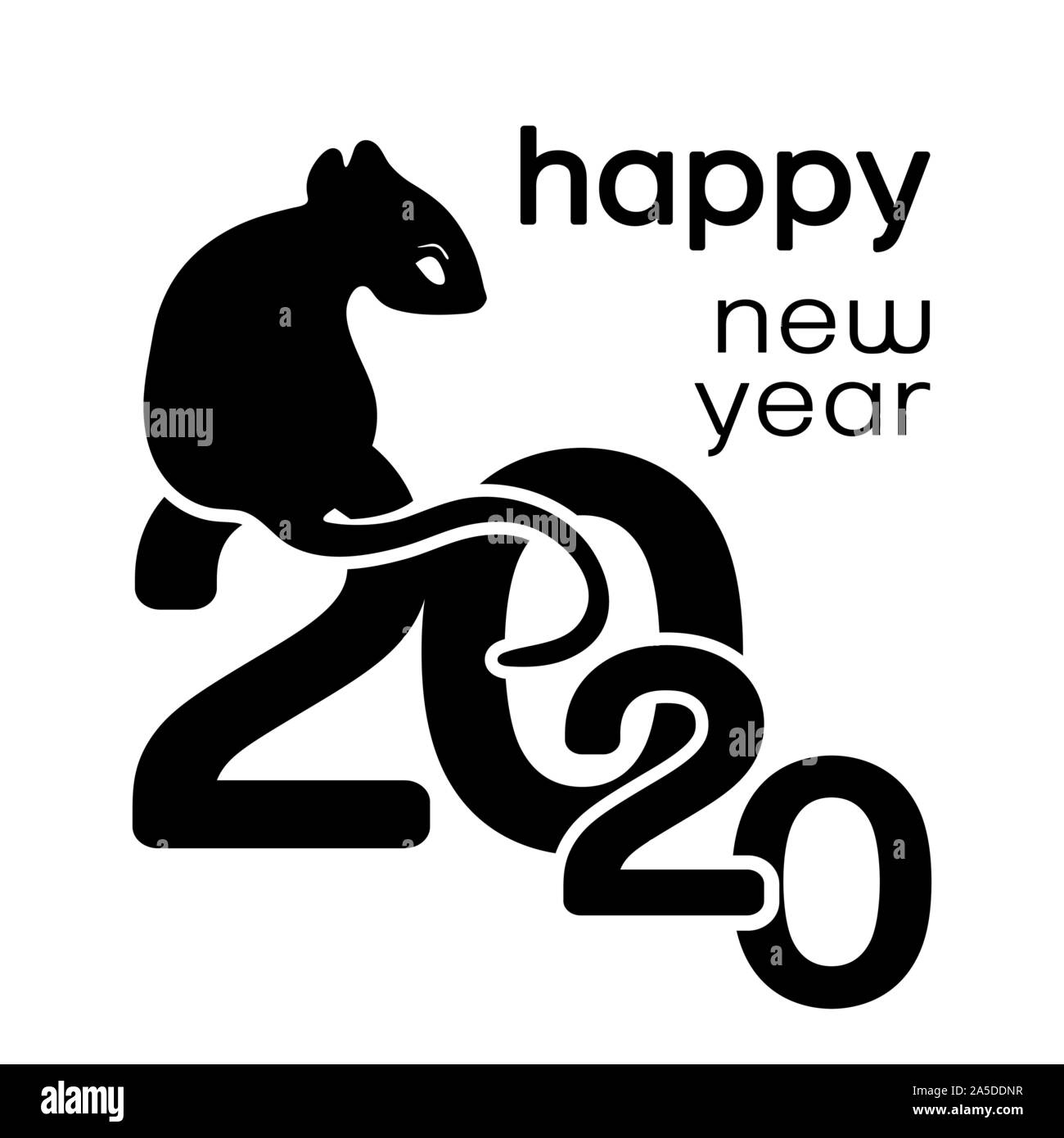 Bonne Année 2020 , carte logo, icône, symbole de l'année d'après le calendrier chinois de l'Est, bannière, vector illustration monochrome. Rat noir Illustration de Vecteur