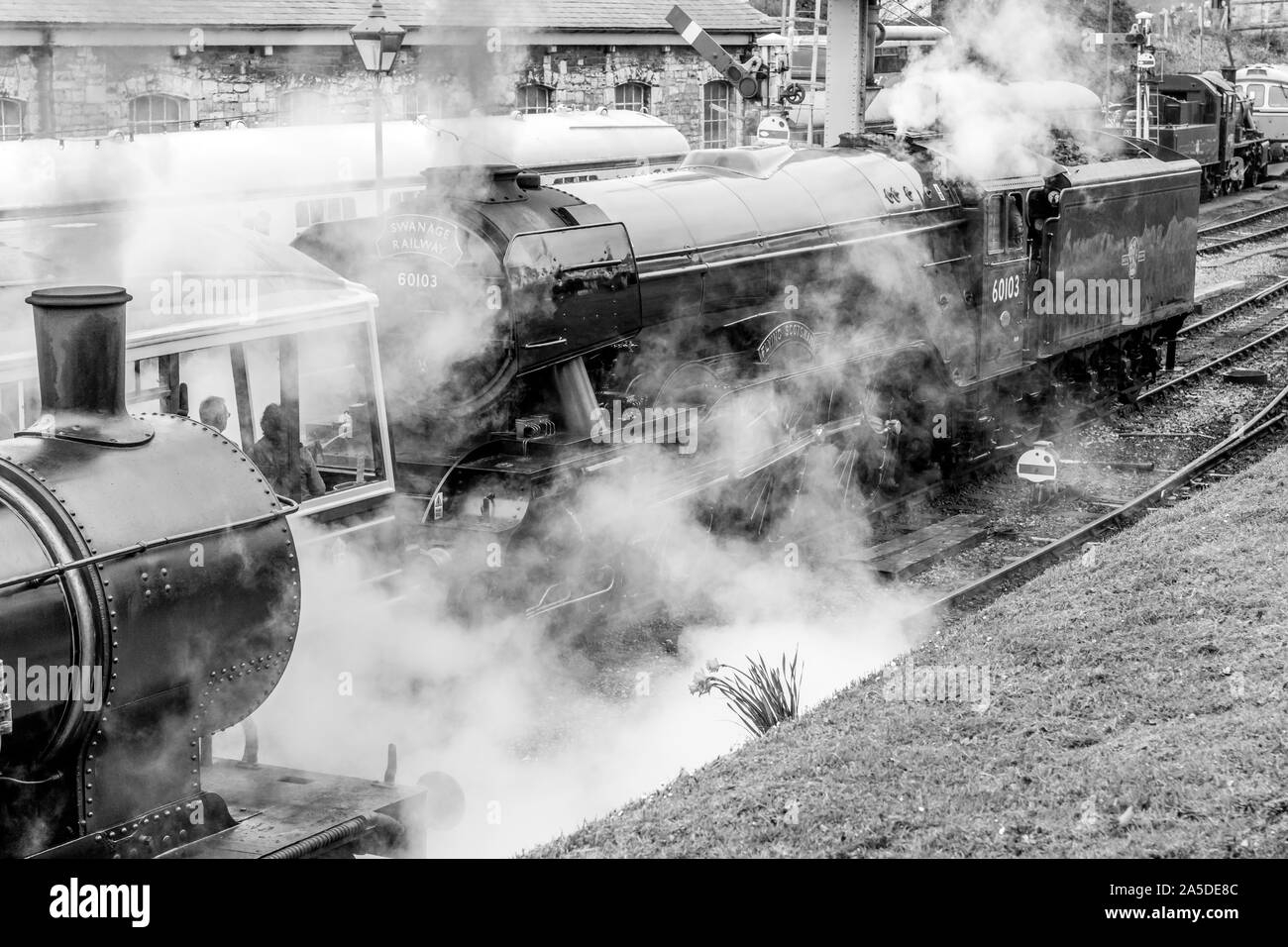 Flying Scotsman arrivée la plate-forme à Swanage, Dorset, UK Banque D'Images Flying Scotsman arrivée la plate-forme à Swanage, Dorset, UK Banque D'Images