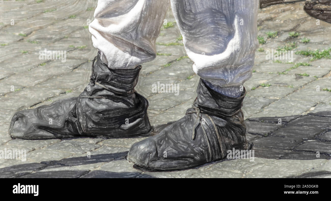 Illustration à l'aquarelle : ceinture médiévale de chaussures en cuir souple noir à rayures gris clair sur un pantalon de lin, tissu Banque D'Images