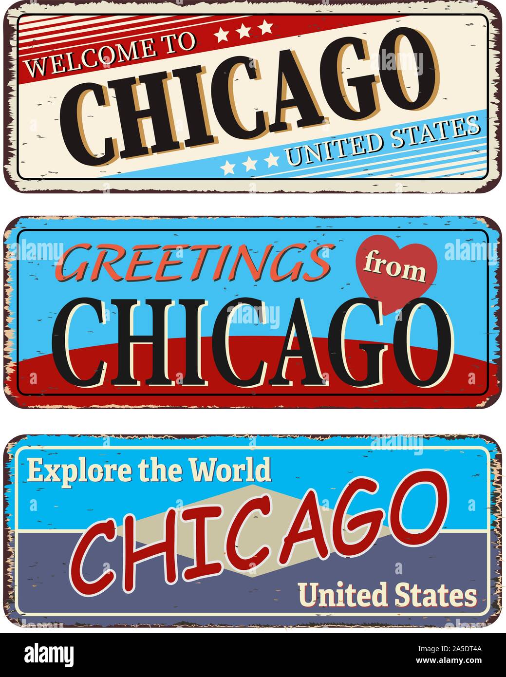 Vintage tin sign collection avec nous. La ville de Chicago. Retro de souvenirs ou de vieux papier carte postale des modèles sur fond rouille Illustration de Vecteur