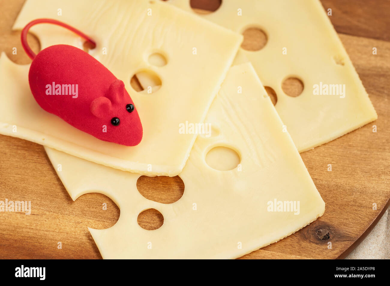 Souris jouet sur télévision tranches de fromage naturel avec des trous.  Close-up Photo Stock - Alamy