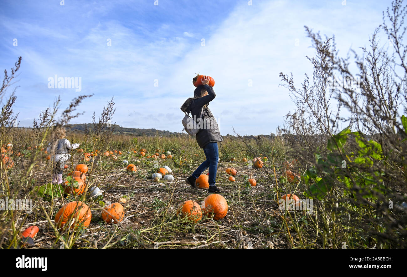 Worthing UK 20 octobre 2019 - une jeune femme porte sa pumpkin sur sa tête à l'autocueillette Pumpkin Center à Bramber près de Worthing West Sussex sur une belle journée d'automne ensoleillée . Crédit photo : Simon Dack / Alamy Live News Banque D'Images