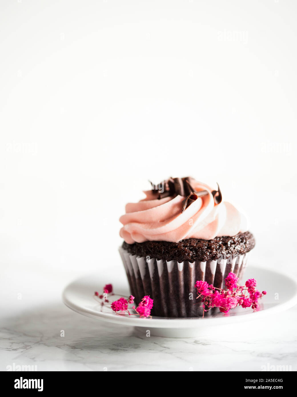 Cupcake au chocolat avec glaçage rose sur fond blanc avec fleurs Banque D'Images