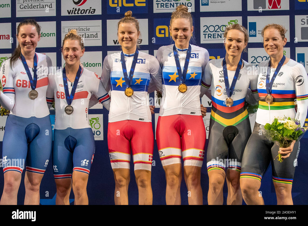 Apeldoorn, Pays-Bas. 20 Oct, 2019. APELDOORN, 20-10-2019, allsports Omnisport, Apeldoorn, Champions 30 km Madison femmes 1ère place Amalie Dideriksen/Julie Leth 2e place Katie Archibald/Laura Kenny 3ème place Kirsten Wild/Amy Pieters au cours de la du cyclisme sur piste Championnats Européens, Ek Baanwielrennen. Credit : Pro Shots/Alamy Live News Banque D'Images