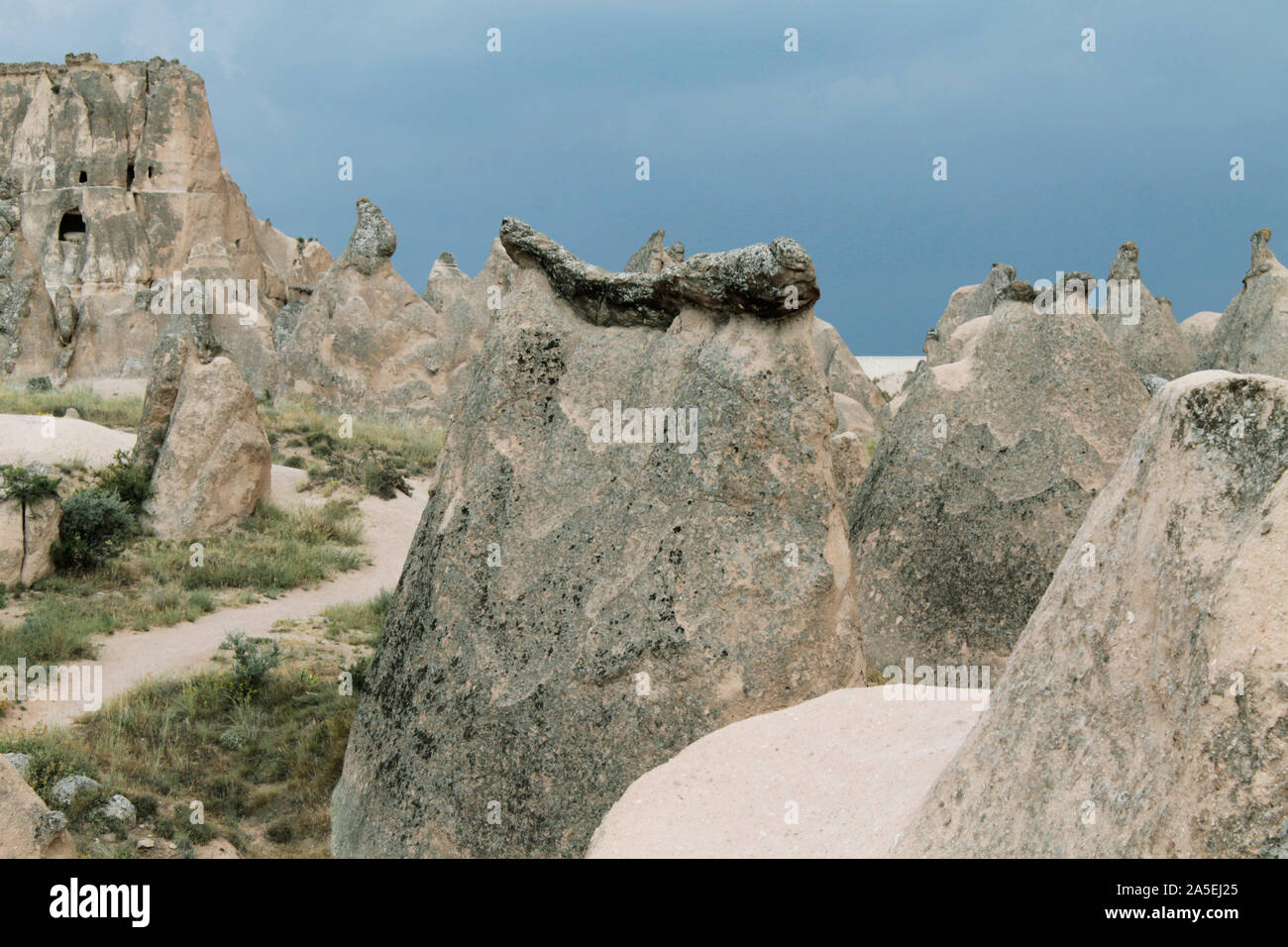 Les formations de l'érosion dans la vallée de la Cappadoce, Turquie. Chemin avec de l'herbe verte parmi les montagnes. Banque D'Images