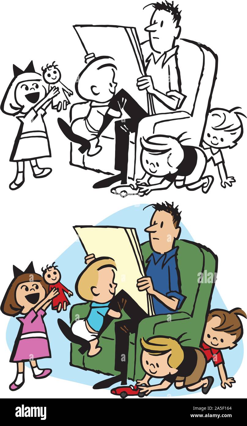 Un père lit le journal tandis que ses enfants jouer autour de lui. Illustration de Vecteur
