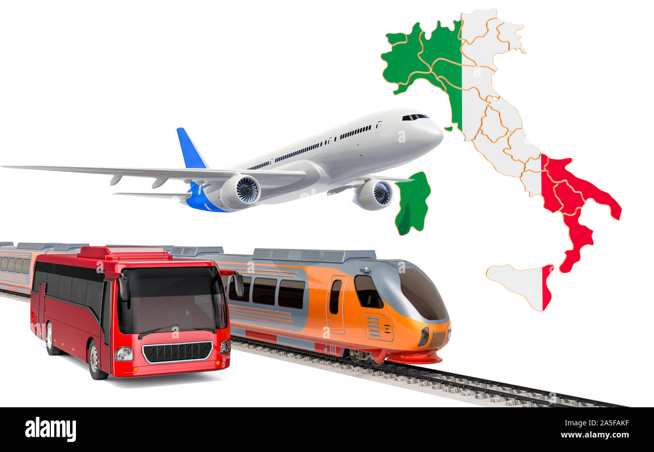 Transport de passagers en Italie par les bus, les trains et les avions, concept. Le rendu 3D isolé sur fond blanc Banque D'Images