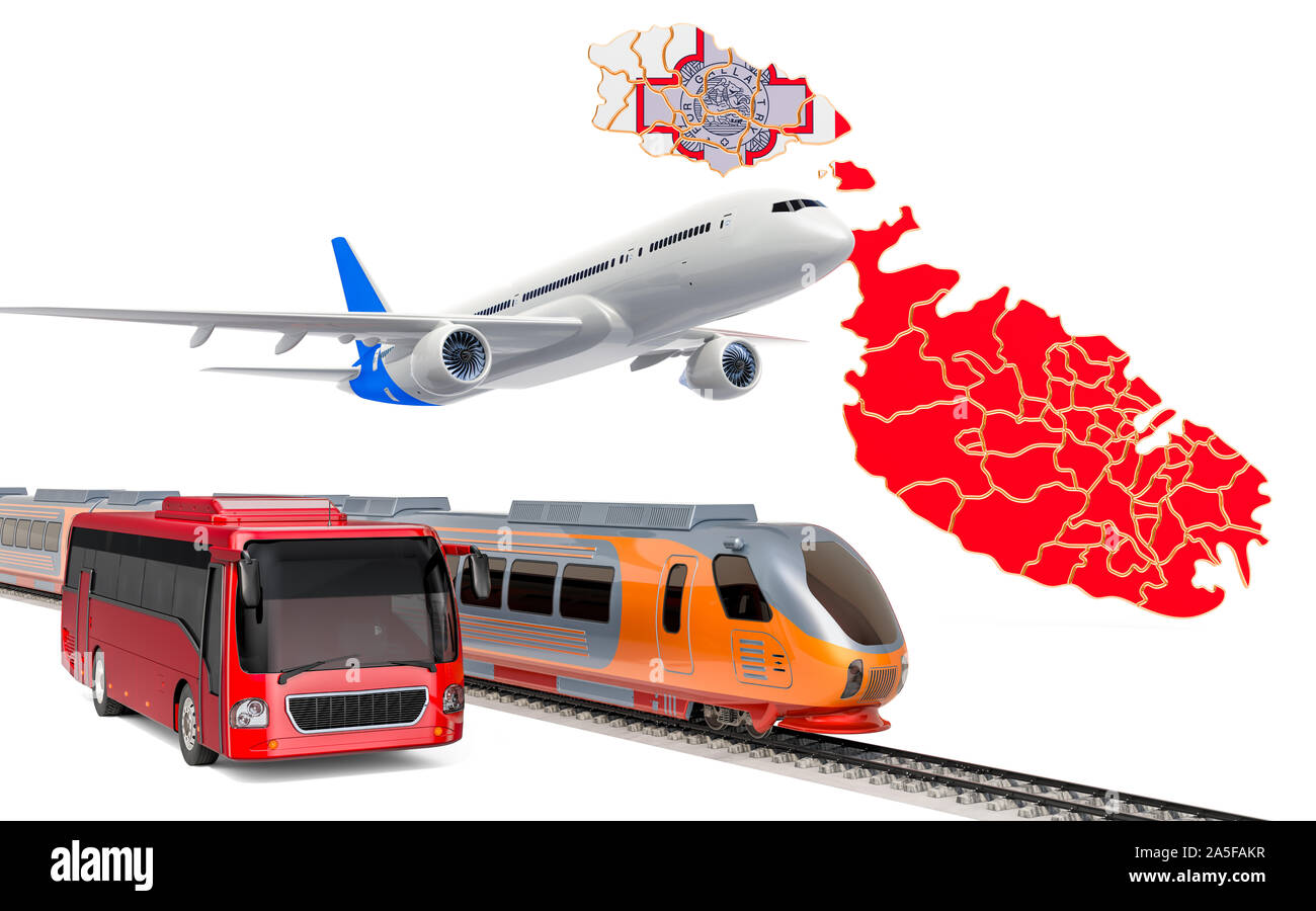 Transport de passagers à Malte par les bus, les trains et les avions, concept. Le rendu 3D isolé sur fond blanc Banque D'Images