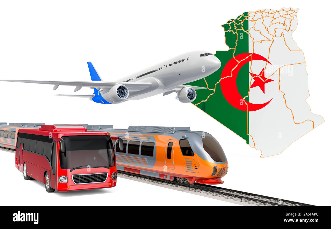 Transport de passagers en Algérie par les bus, les trains et les avions, concept. Le rendu 3D isolé sur fond blanc Banque D'Images