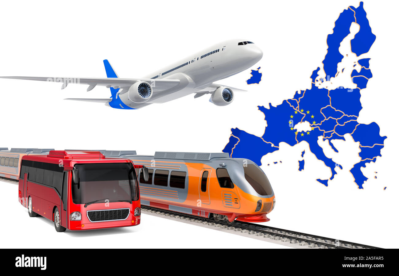 Transport de passagers dans l'Union européenne par les bus, les trains et les avions, concept. Le rendu 3D isolé sur fond blanc Banque D'Images