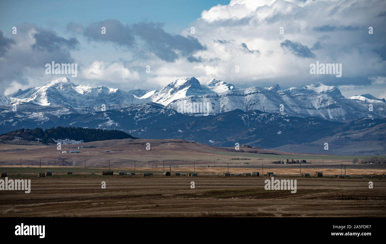 Les champs agricoles des prairies de montagnes enneigées et en Alberta. Banque D'Images
