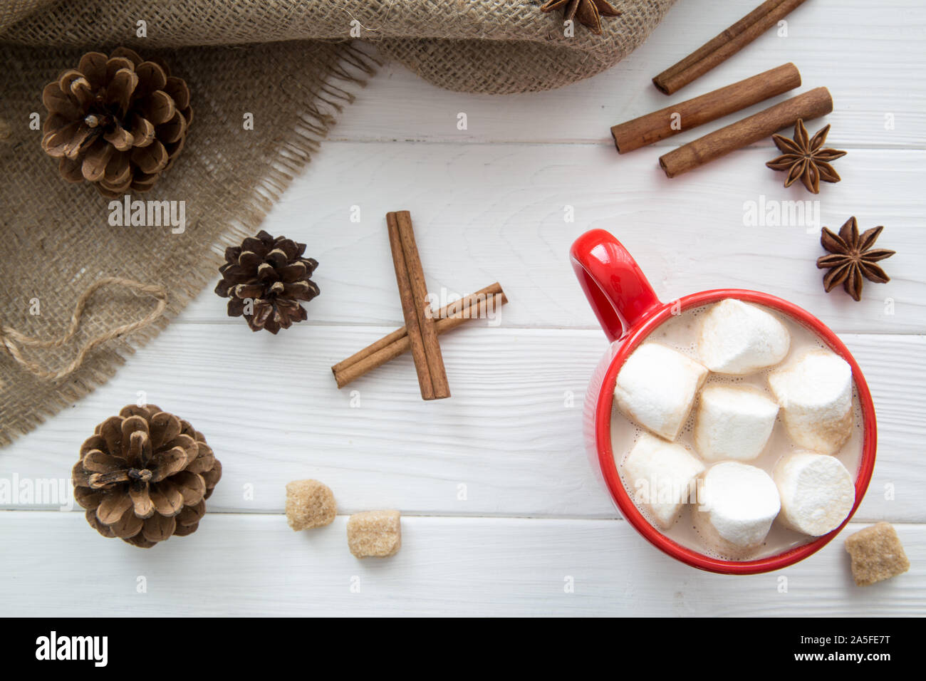 Noël rouge tasse avec du chocolat chaud et de la guimauve. Chocolat chaud avec du lait, l'anis et à la cannelle, pomme de pin sur fond rustique en bois blanc, sack Banque D'Images