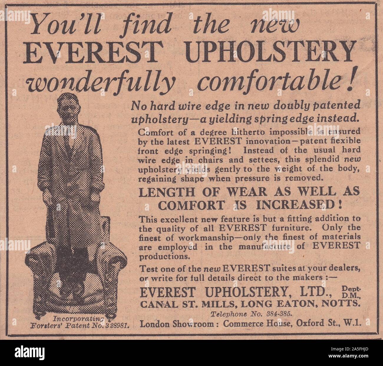 Vintage newspaper annonce pour 'Everest Sellerie, Oxford Street, Londres 1930. Banque D'Images