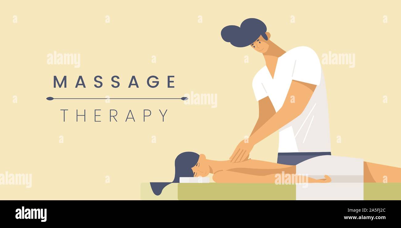 La thérapie de massage télévision modèle vecteur bannière. Masseur professionnel et jeune femme de personnages de dessins animés. Service centre de spa concept de l'affiche. Illustration de la procédure de traitement du corps avec typographie Illustration de Vecteur