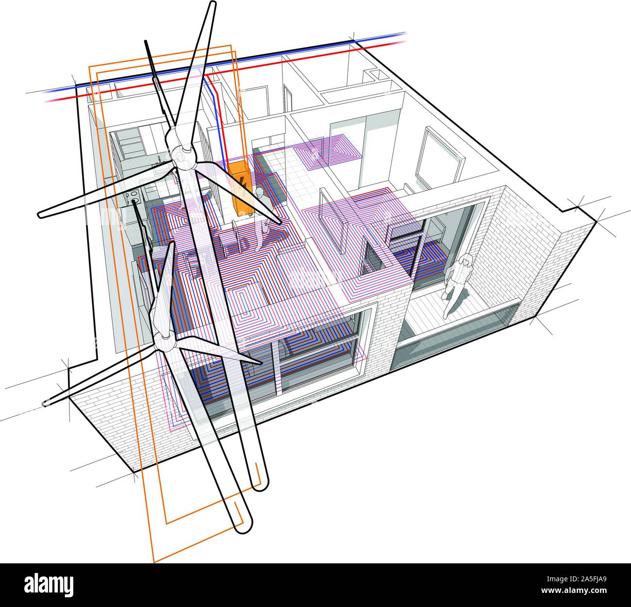 Schéma Appartement avec chauffage au sol et connecté à l'éoliennes Illustration de Vecteur