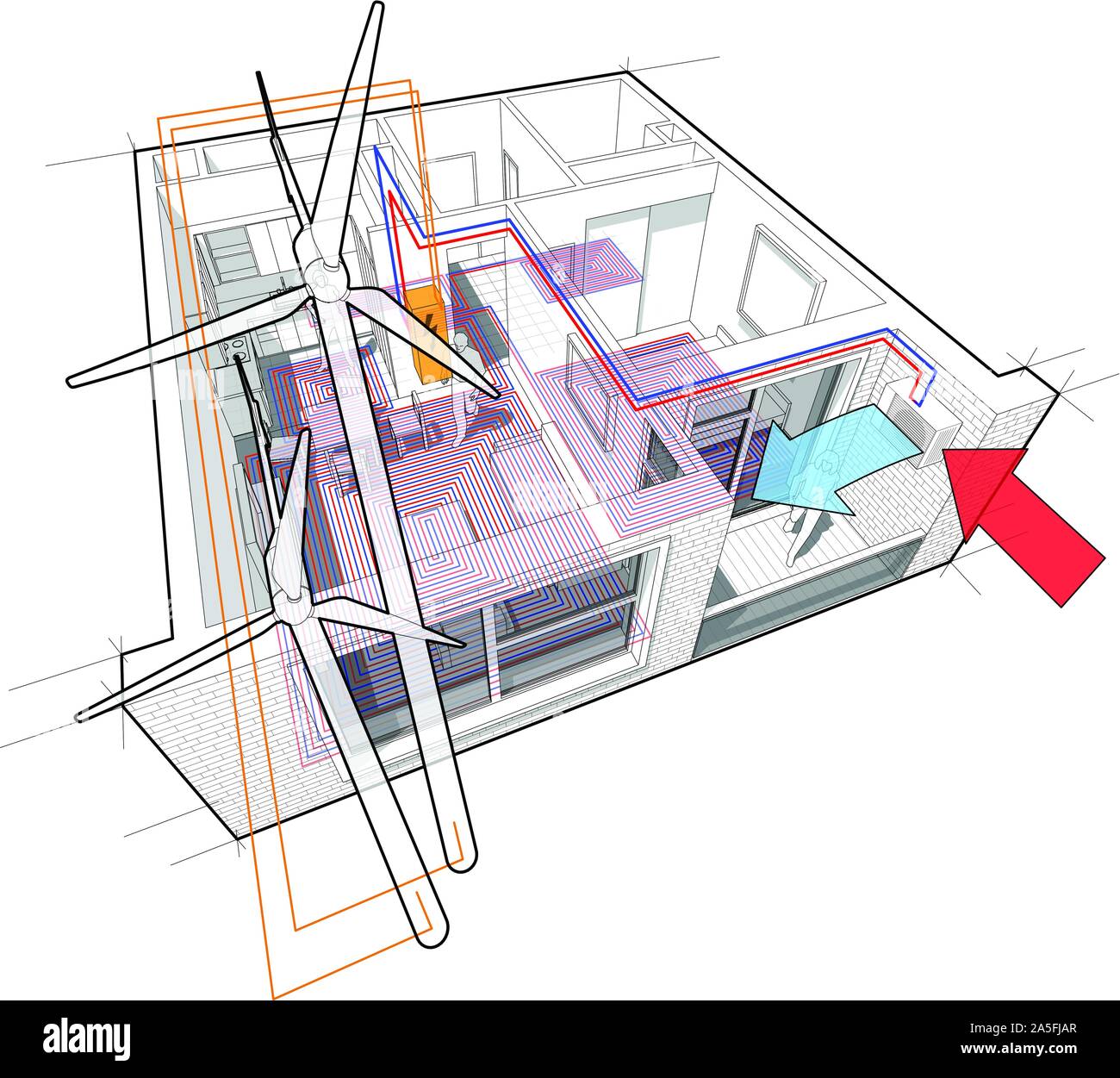 Schéma Appartement avec chauffage par le sol et pompe à chaleur et connecté à l'éoliennes Illustration de Vecteur