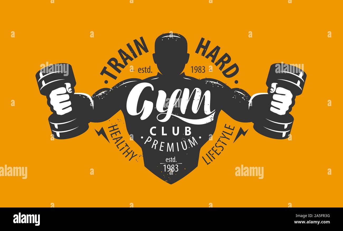 Logo ou emblème du club de gym. Sport, concept de culturisme. Illustration du vecteur de lettrage Illustration de Vecteur