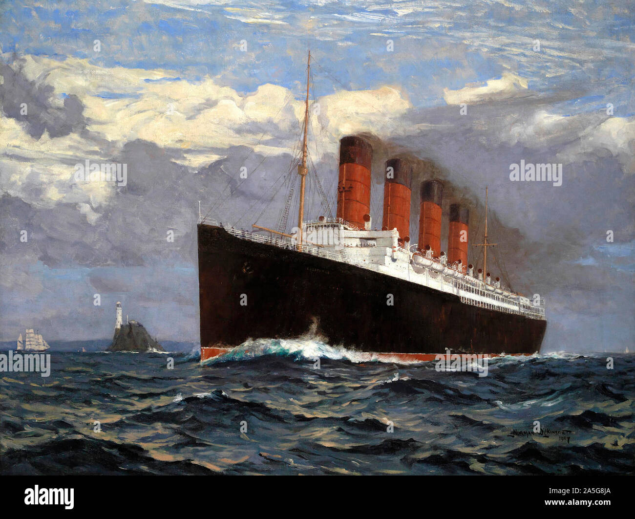 La Cunard paquebot Lusitania excès passé le phare du Fastnet, probablement à l'extérieur du pays pour New York pour son voyage inaugural - Norman Wilkinson, 1907 Banque D'Images