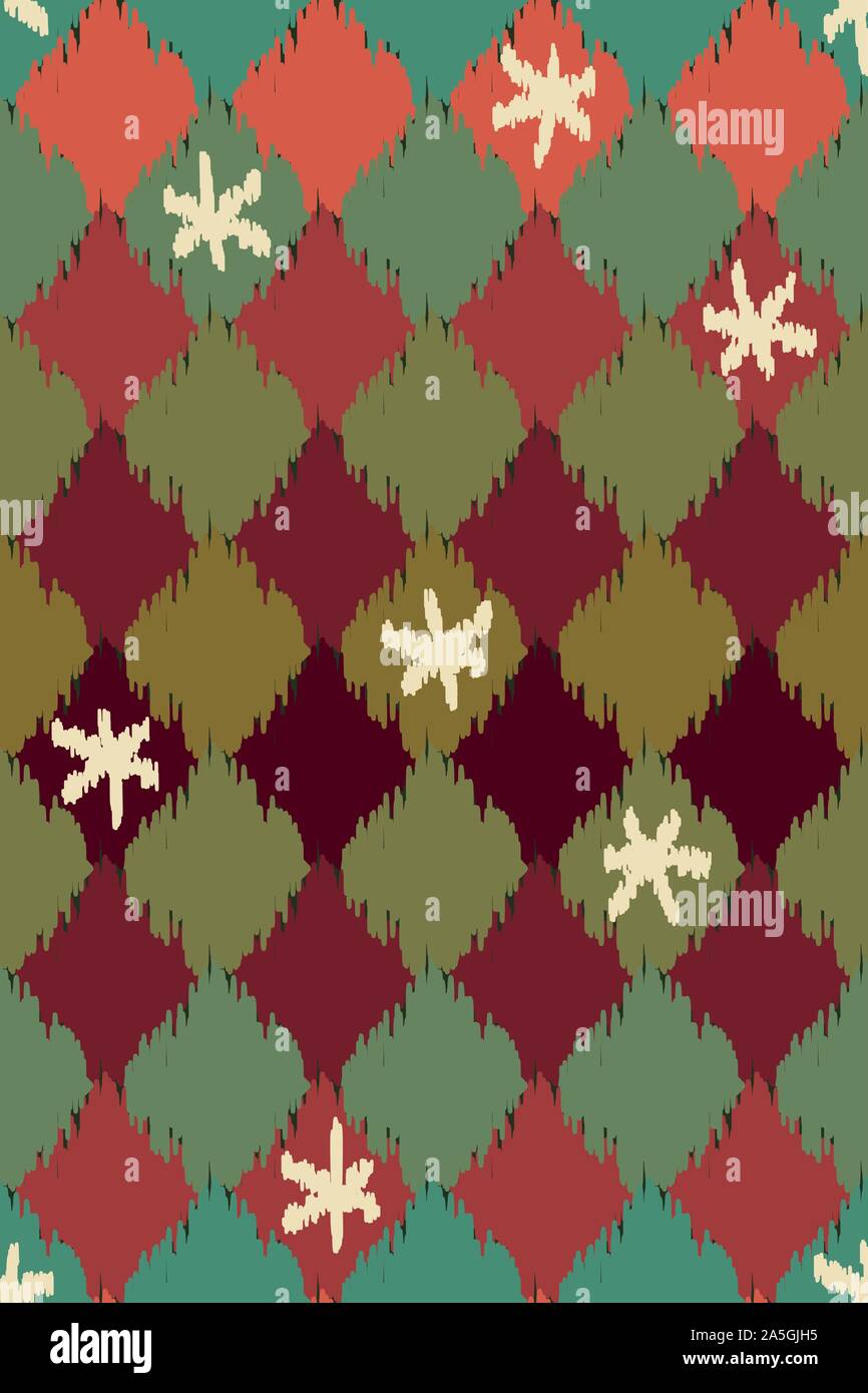 L'ikat géométrique vectoriel continu avec des couleurs de Noël, des losanges et les flocons Illustration de Vecteur