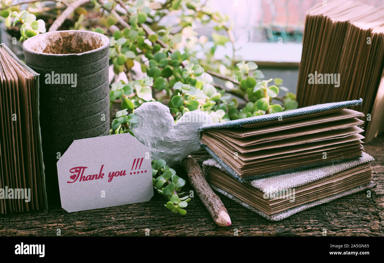 Merci concept, avec groupe kraft papier bloc-notes, écrire message sur le morceau de papier, pot vert de plantes sur fond de bois, célébration des enseignants jour Banque D'Images