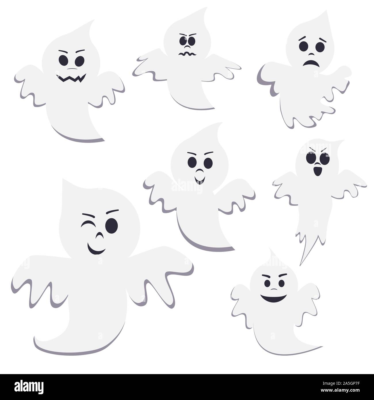 Jeu de pose différents cartoon ghost isolé sur fond blanc. Illustration de Vecteur