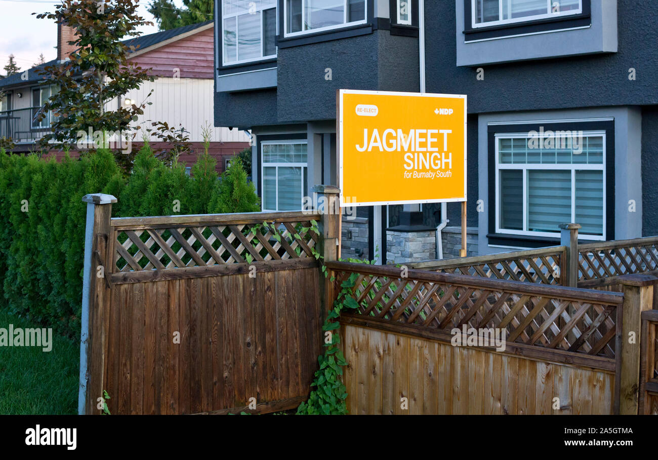 Burnaby, BC, Canada, le 19 octobre 2019. Un signe de soutien à chef du NPD fédéral Jagmeet Singh lors d'une résidence à Burnaby, C.-B.). Singh s'exécute à l'élection dans sa circonscription de Burnaby Sud dans l'élection fédérale canadienne, le 21 octobre 2019. Banque D'Images