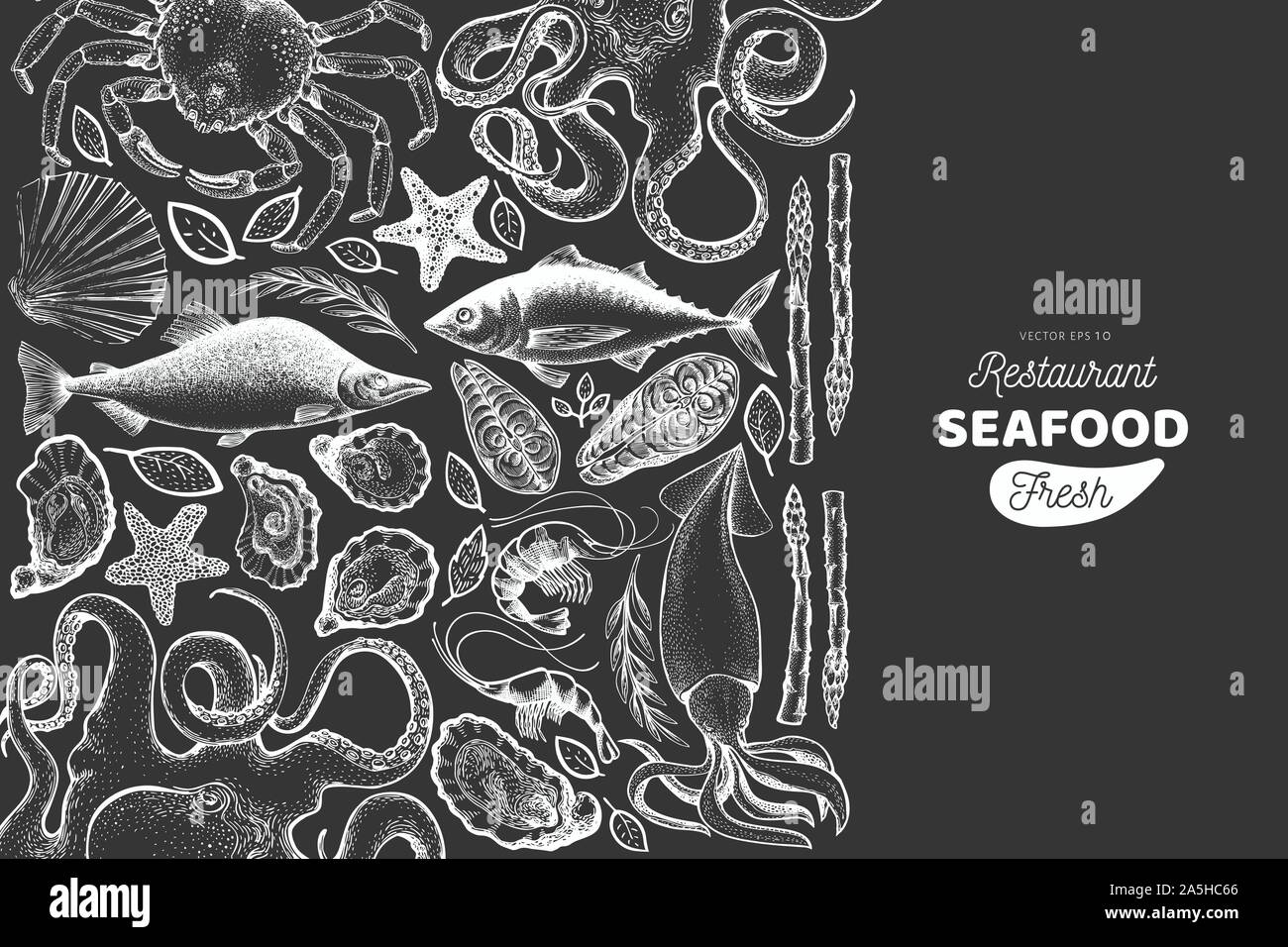 Modèle de conception de la mer et du poisson. Hand drawn vector illustration sur tableau. Peut être utilisé pour la conception, l'emballage, des recettes menu, étiquette, le marché aux poissons, Illustration de Vecteur