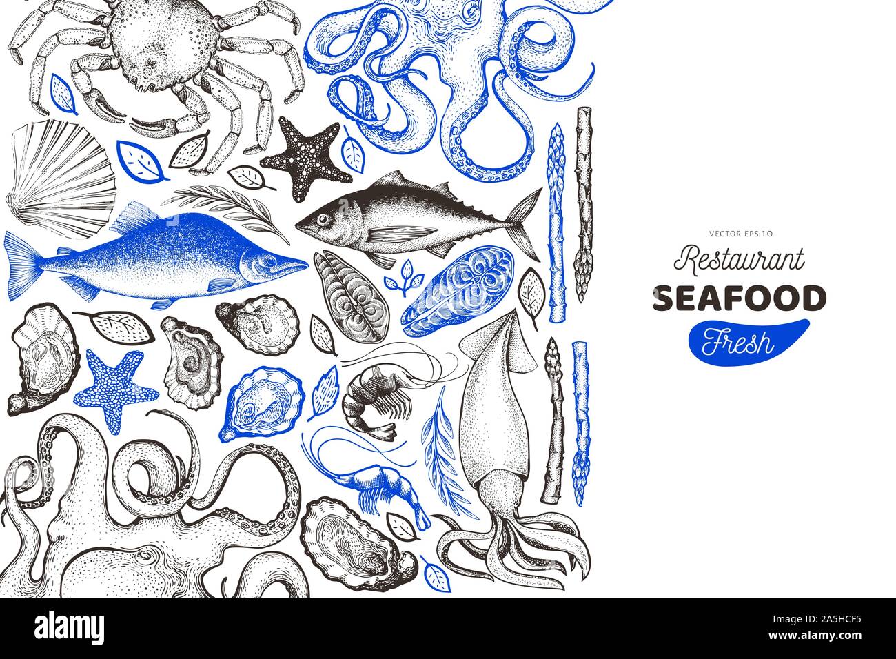 Modèle de conception de la mer et du poisson. Hand drawn vector illustration. Peut être utilisé pour la conception, l'emballage, des recettes menu, étiquette, le marché aux poissons, fruits de mer produit Illustration de Vecteur