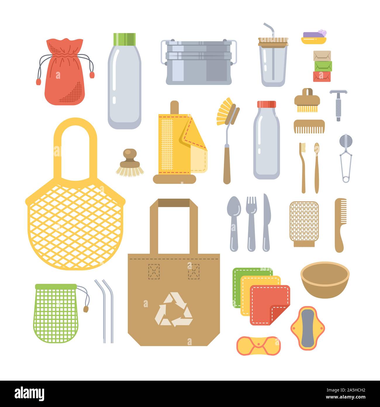 Zéro déchets eco friendly outils télévision icons set. Cartoon vector illustration. Articles réutilisables pour la cuisine, le shopping et l'hygiène personnelle. De plastique Illustration de Vecteur