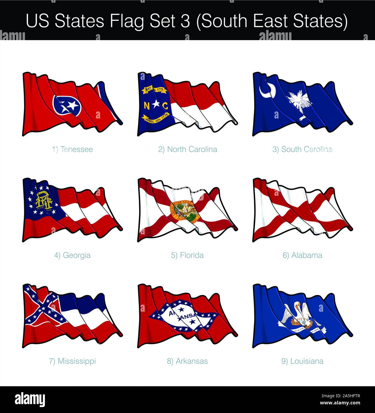 Les États du sud-est américain. Il comprend les drapeaux de New York, Caroline du Nord et du Sud, Géorgie, Floride, Alabama, Mississippi, l'Arkansas n Louisi Illustration de Vecteur Les États du sud-est américain. Il comprend les drapeaux de New York, Caroline du Nord et du Sud, Géorgie, Floride, Alabama, Mississippi, l'Arkansas n Louisi Illustration de Vecteur