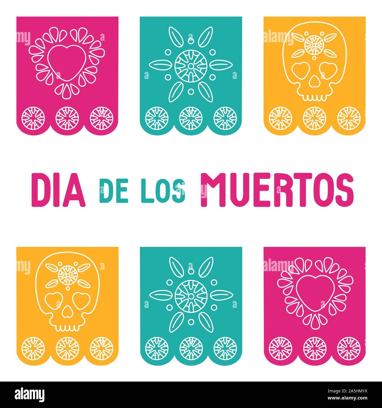 Fête des morts, Dia de los muertos, fond bannière carrée, carte de souhaits avec mexican bunting, crâne en sucre ou calavera, fleurs et texte. Illustration de Vecteur
