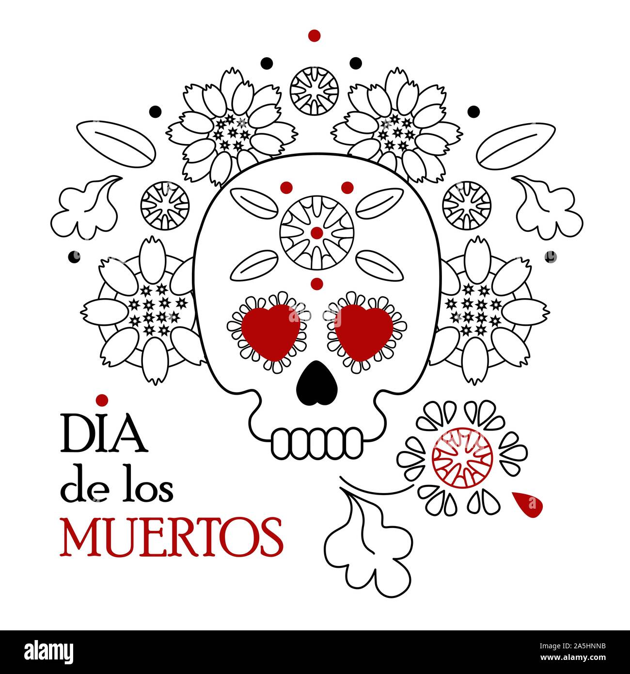 Fête des morts, Dia de los muertos fond blanc, bannière et carte de souhaits concept avec crâne en sucre ou calavera, fleurs et texte. Illustration de Vecteur