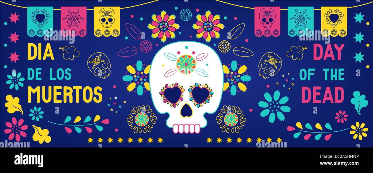 Fête des morts, Dia de los muertos, bannière, carte de souhaits avec mexican bunting, crâne en sucre ou calavera, fleurs et texte. Vector Illustration de Vecteur