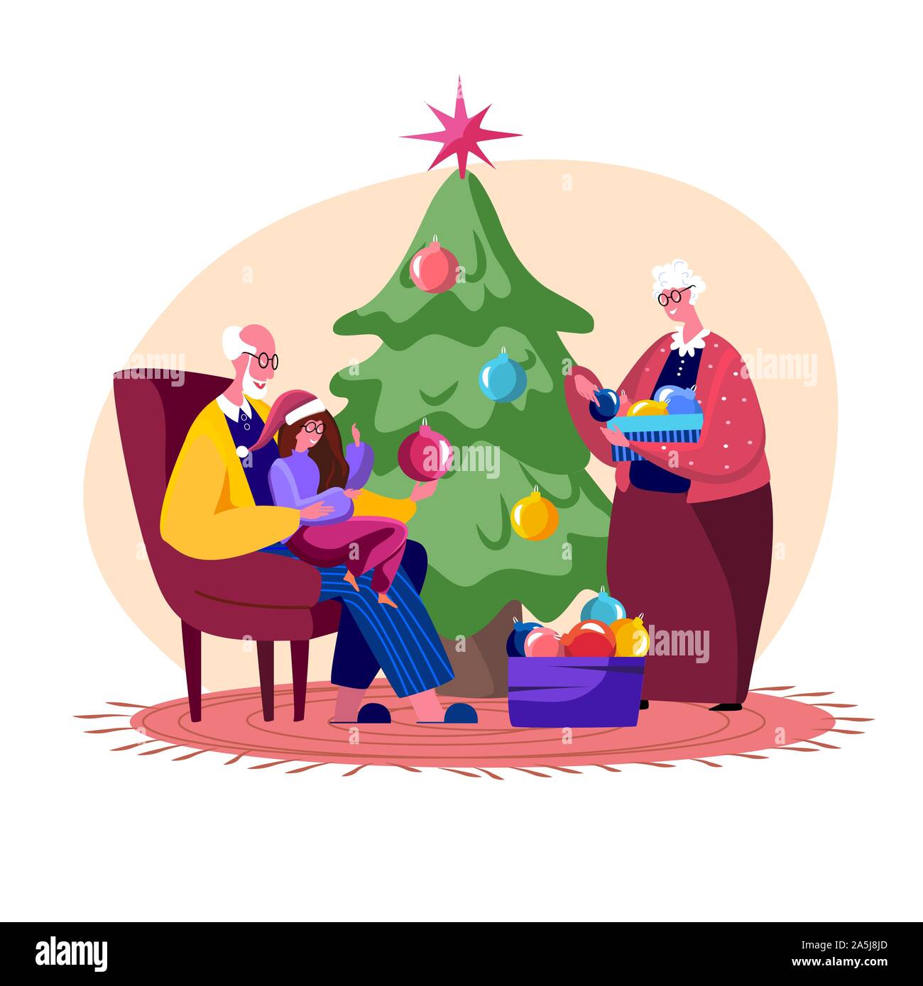 Joyeux Noël et de bonnes vacances d'hiver. Famille heureuse Mamie décorer  sapin de Noël avant Noël. Smiling papi assis avec sa petite-fille sur Image  Vectorielle Stock - Alamy