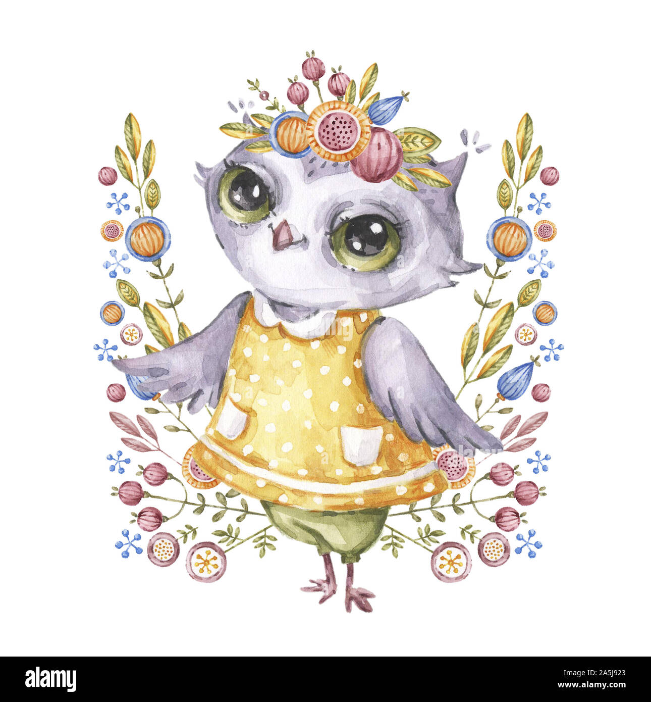 Cute owl aquarelle fleurs et couronne en style enfantin isolé sur fond blanc. Illustration à l'aquarelle à la main avec cartoon oiseau, invitatio Banque D'Images