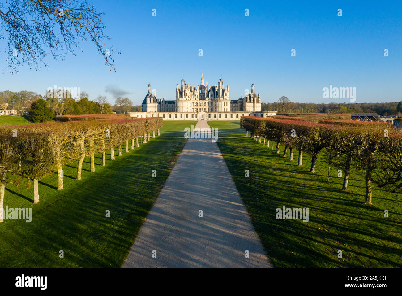 France, Loir et Cher, vallée de la Loire classée au Patrimoine Mondial de l'UNESCO, Chambord, le château royal, l'allée de jardin et façade sud-est // France, Loir-et-C Banque D'Images