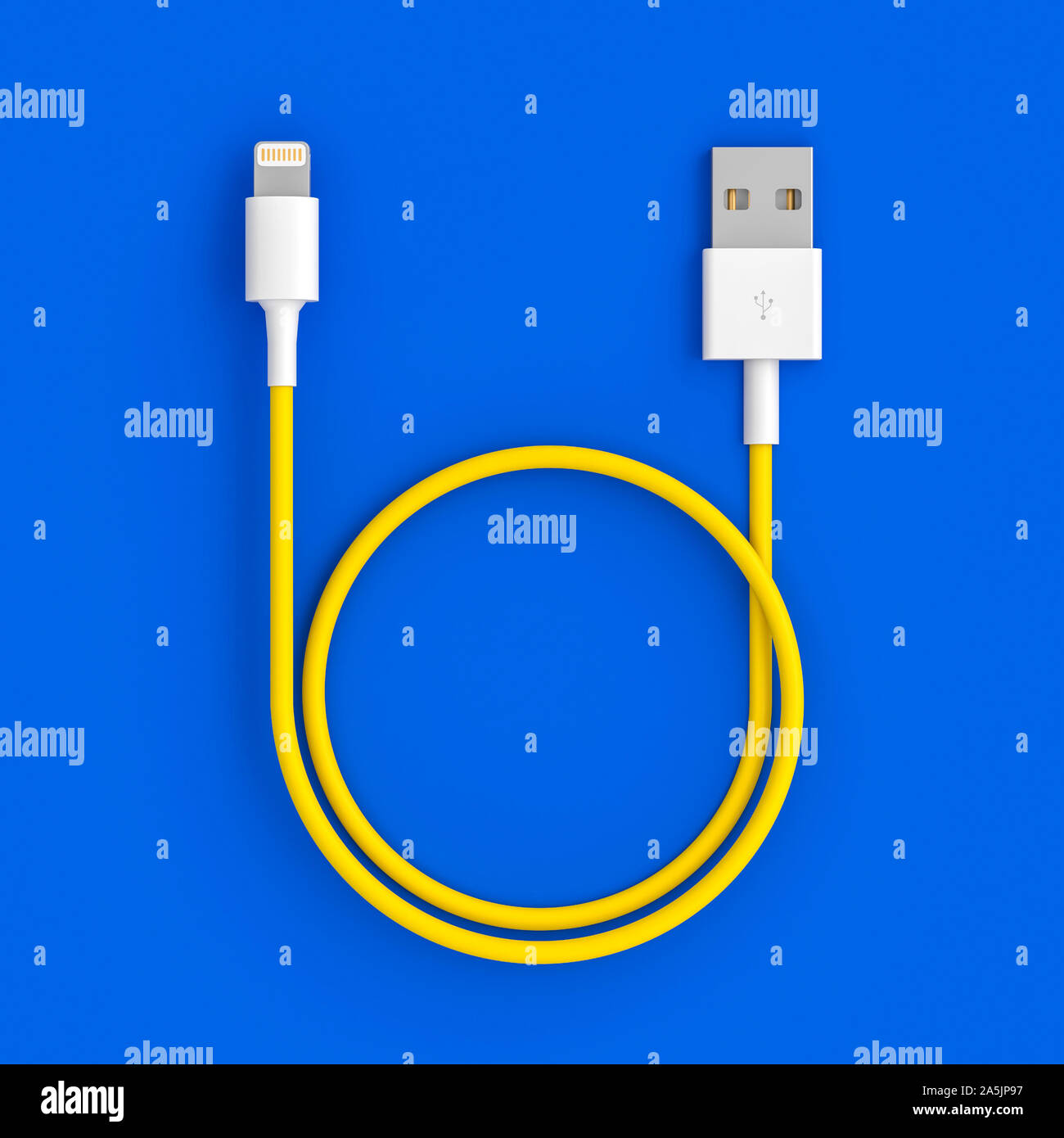 Câble USB jaune sur fond bleu, image 3D render dans télévision jeter style. Concept de connexion. Banque D'Images