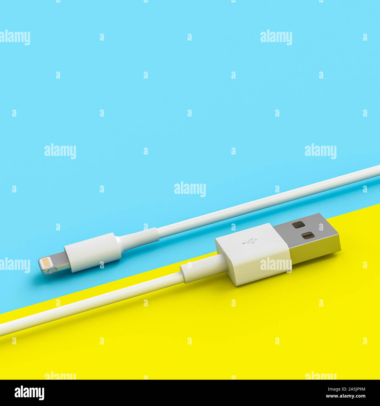 Câble USB blanc et jaune sur fond bleu dans le style de mise à plat. Image 3D rendu. La technologie de connexion et de concept. Banque D'Images