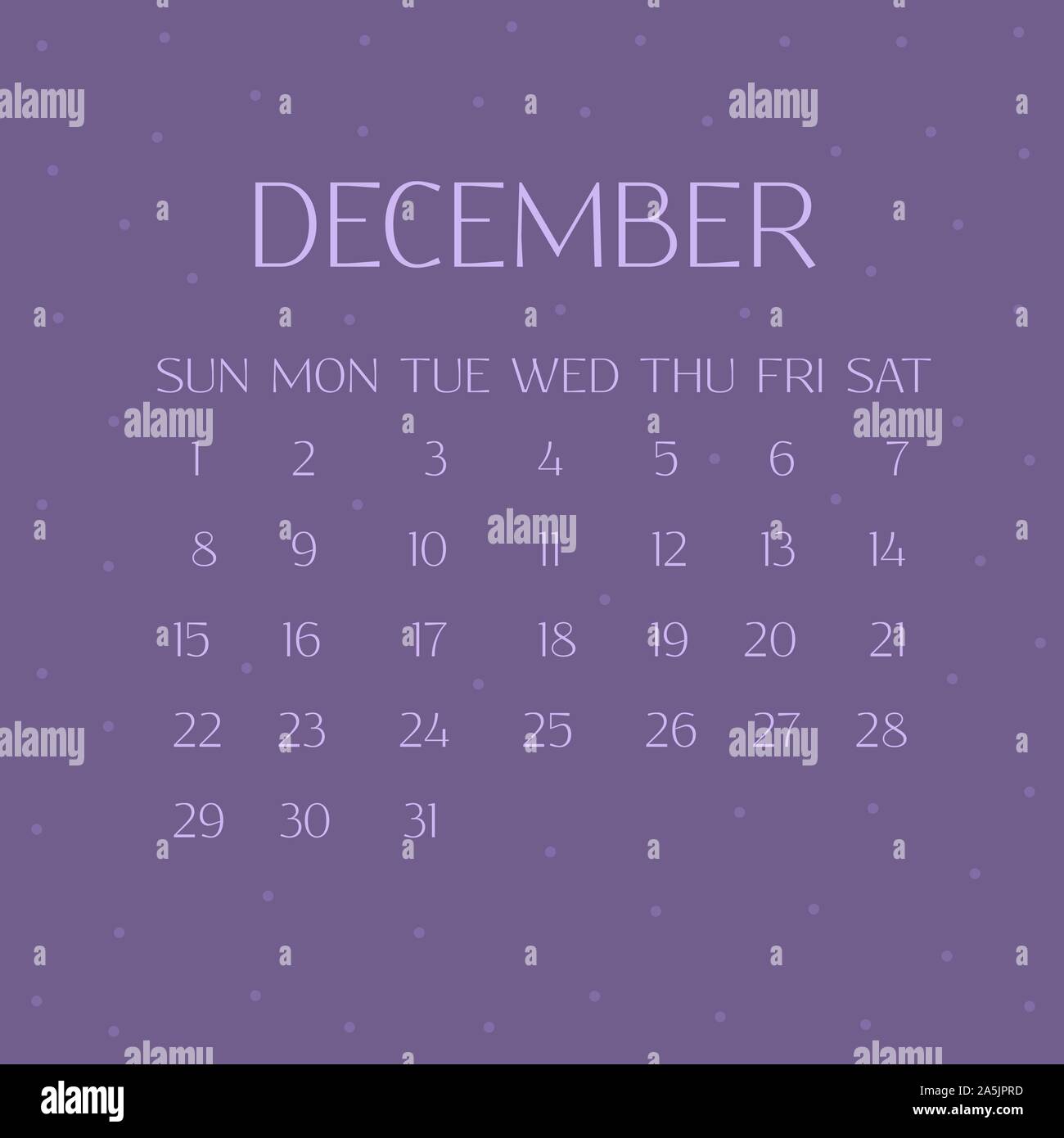 Calendrier pour décembre 2019. Fond violet avec des flocons de neige. Illustration d'hiver Illustration de Vecteur