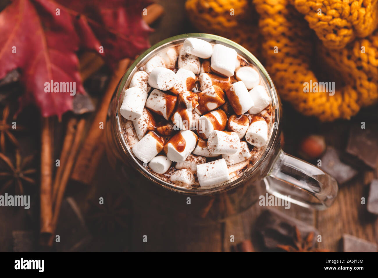 Tasse de chocolat chaud avec des guimauves recouvertes de sauce au chocolat et la cannelle. Boisson chaude agréable, l'automne confort alimentaire. Vue d'en haut, l'image aux couleurs Banque D'Images