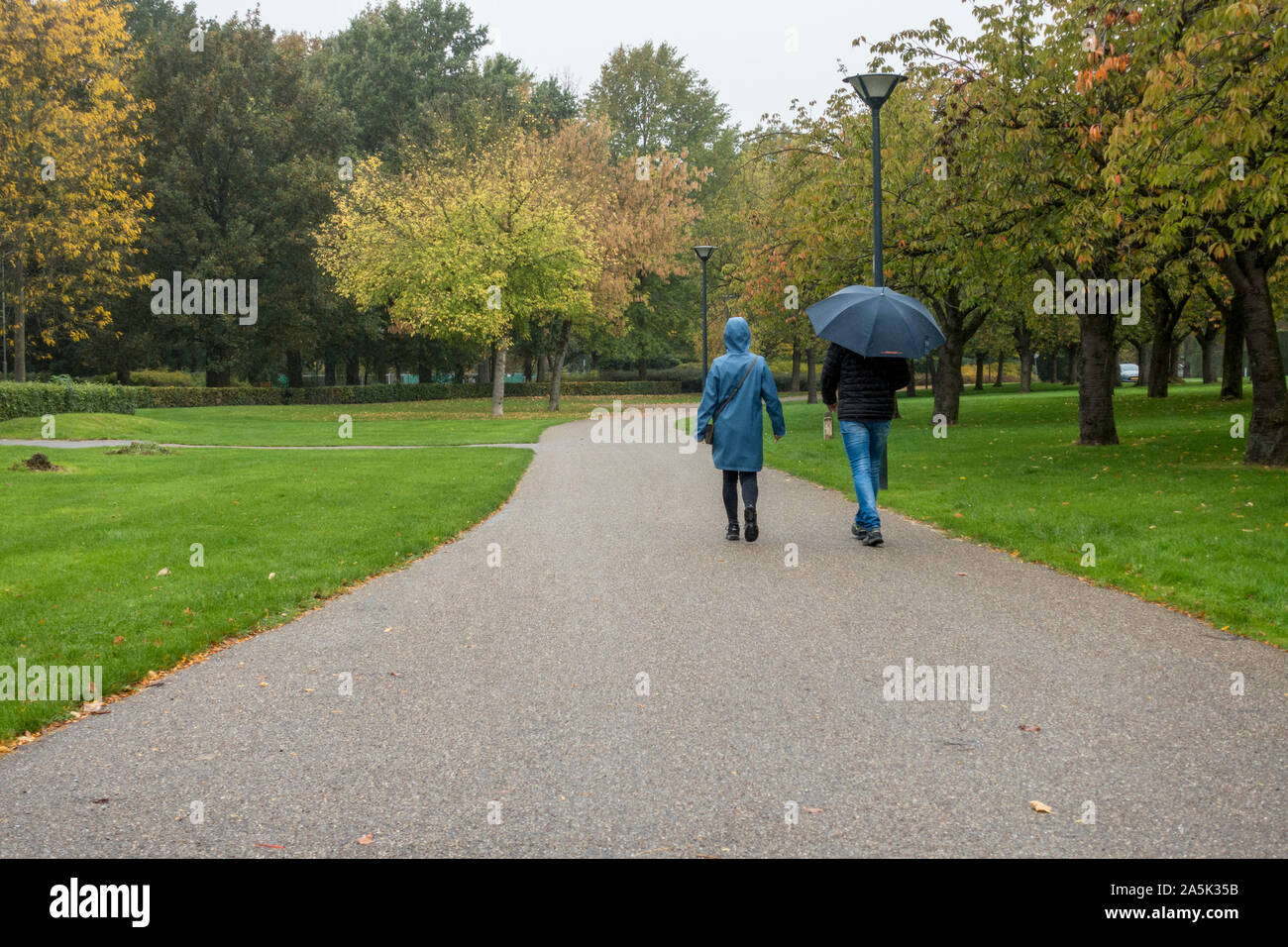 Un couple se promène dans un parc public à l'automne, aux Pays-Bas. Banque D'Images