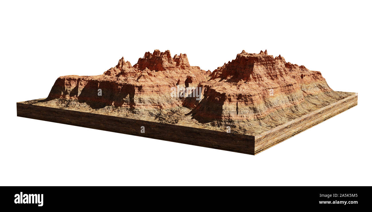 Modèle d'une coupe d'une desert mountain, mesa isolé sur fond blanc Banque D'Images