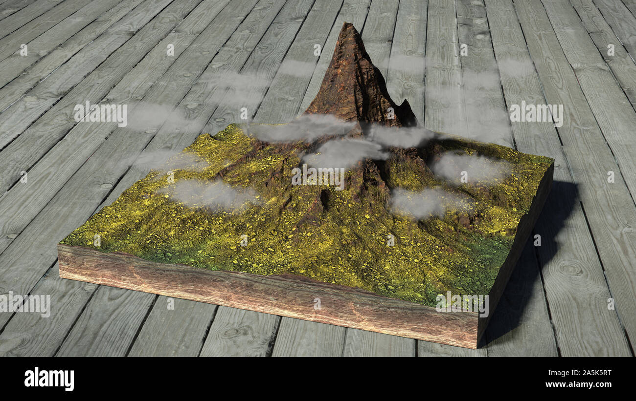 Modèle d'un échantillon de sol avec la haute montagne et les nuages autour du pic Banque D'Images