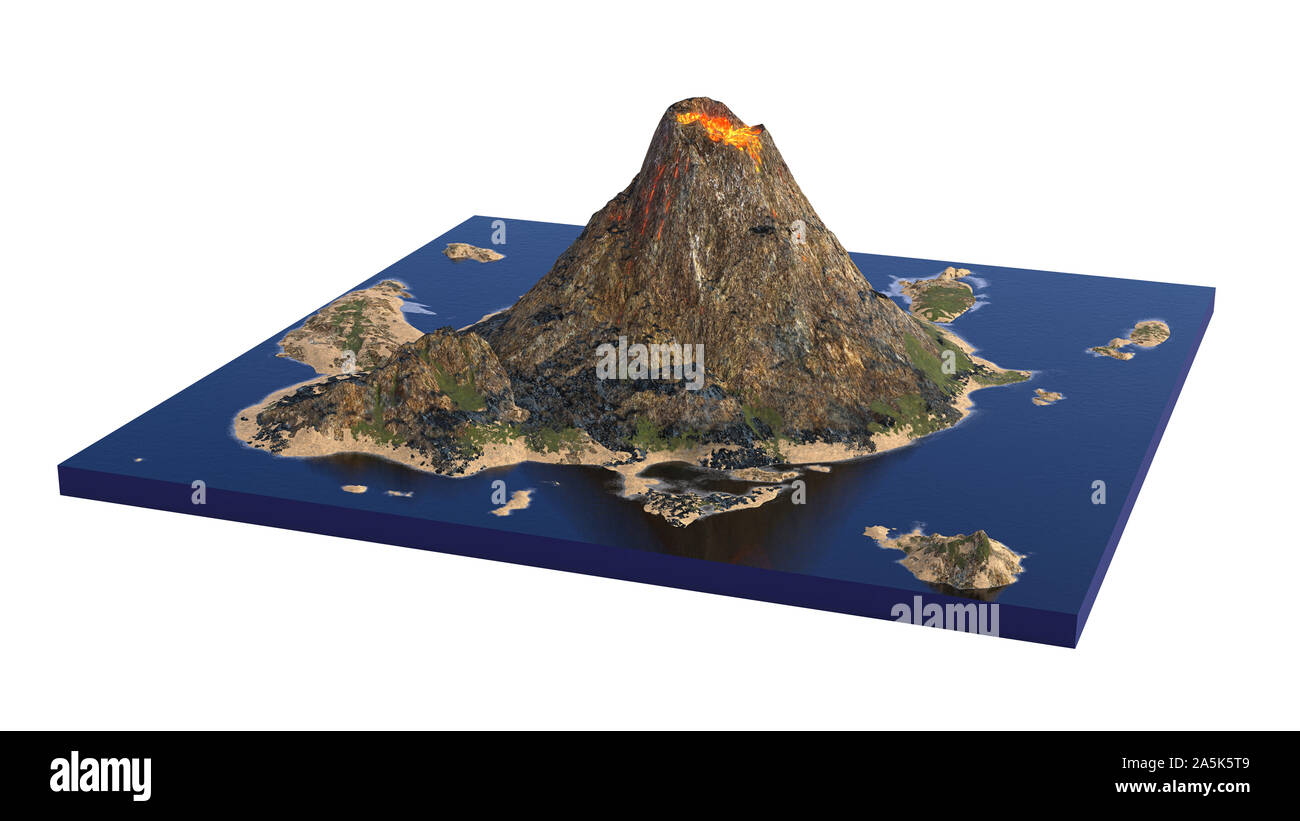 La lave du volcan en éruption, la section Modèle de l'île avec le volcanisme isolé sur fond blanc Banque D'Images