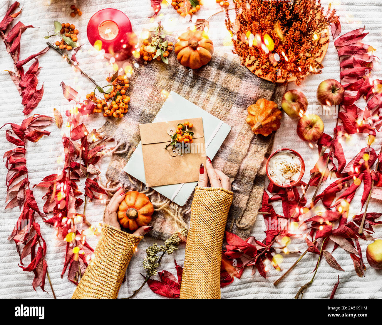 Les mains tenant peu citrouille et enveloppe de papier craft décorée de Rowan sur foulard à carreaux. Arrangement d'automne sur la couverture blanche avec feuilles rouges, Banque D'Images