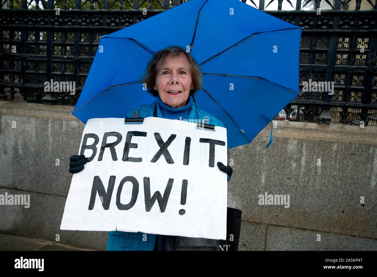 Chambres du Parlement le 21 octobre 2019. Hazel, laisser supporter détient un panneau disant 'Brexit' maintenant. Banque D'Images