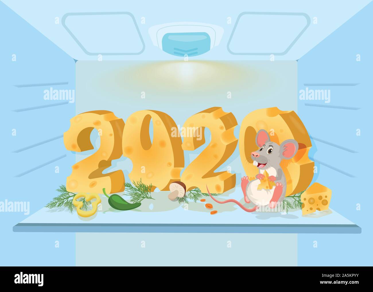 2020 année de la souris. Cute cartoon détient de rat dans le fromage fond réfrigérateur Illustration de Vecteur