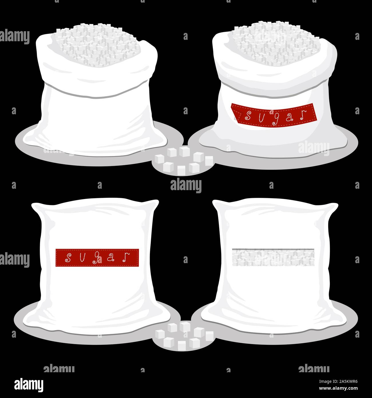 Illustration sur le thème défini différents types de sacs remplis de sucre, de cubes de différentes tailles de sacs. Sack est constituée de sacs de collecte pour l'org de sucre en cubes Illustration de Vecteur