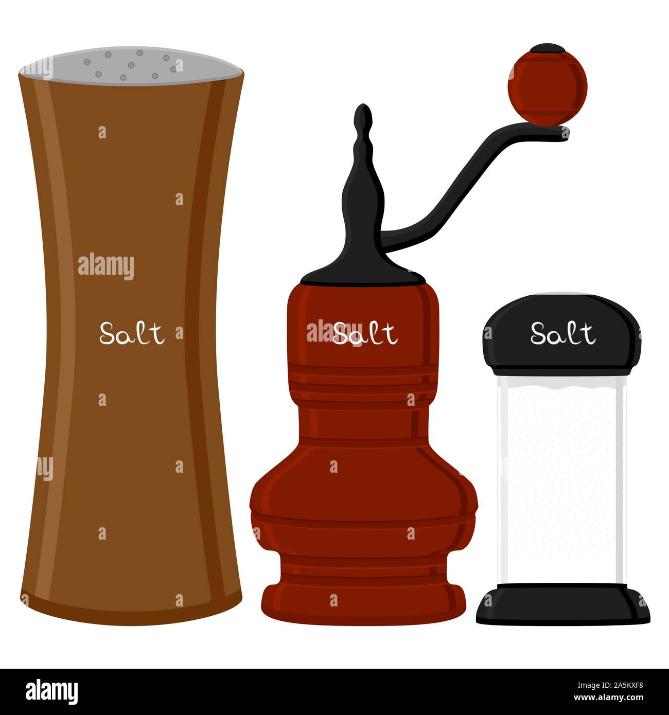 Illustration sur le thème gros définir différents types de verre rempli de sel, moulin de plusieurs tailles. Le sel est constituée de collection verrerie mill pour orgue Illustration de Vecteur