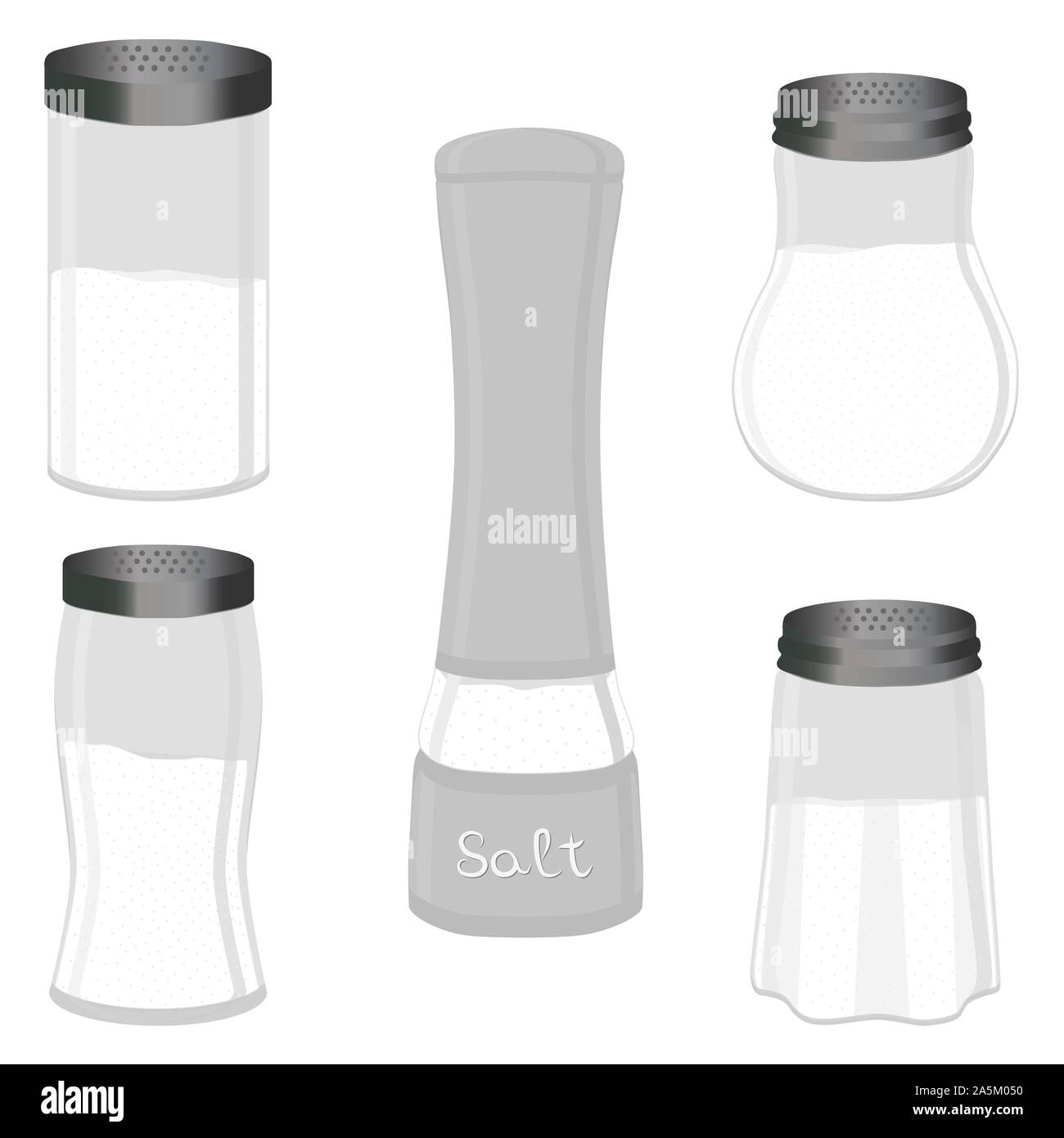 Illustration sur le thème gros définir différents types de verre rempli de sel, shaker divers taille. Le sel est constituée de verrerie collection shaker pour o Illustration de Vecteur